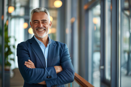 Portrait of a smiling senior businessman standing with arms crossed in officeの素材