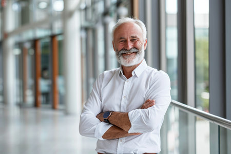 Portrait of a happy senior businessman standing with arms crossed in officeの素材