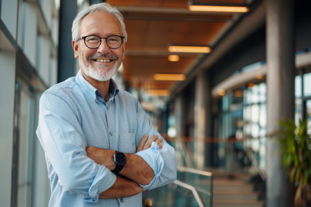 Portrait of a smiling senior businessman standing with arms crossed in officeの素材