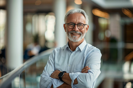 Portrait of smiling senior businessman with arms crossed standing in office lobbyの素材