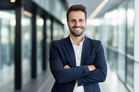 Portrait of a smiling businessman standing with arms crossed in office lobbyの素材