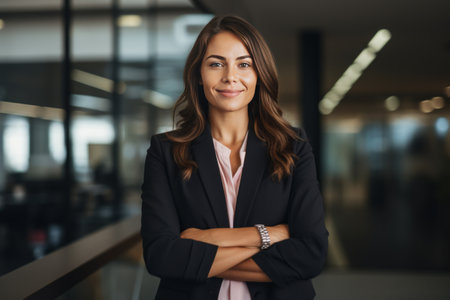 Portrait of a smiling businesswoman standing with arms crossed in officeの素材