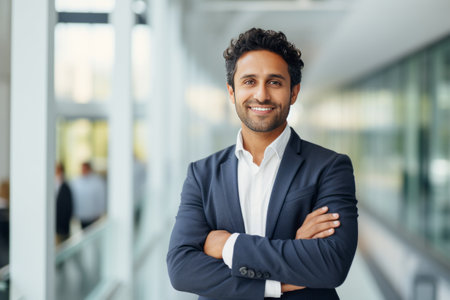 Portrait of a smiling young businessman standing with arms crossed in officeの素材