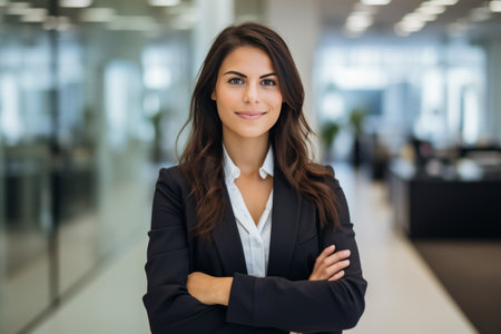 Portrait of confident businesswoman standing with arms crossed in corridor at officeの素材