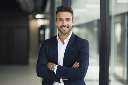 Portrait of confident businessman standing with arms crossed and looking at camera in officeの素材
