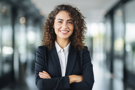 Portrait of smiling businesswoman standing with arms crossed in modern officeの素材