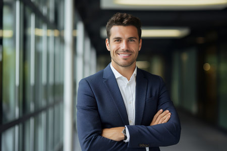 Portrait of a handsome young businessman standing with arms crossed in officeの素材