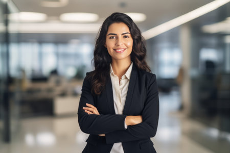 Portrait of smiling businesswoman standing with arms crossed in modern officeの素材