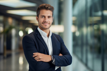 Portrait of a handsome young businessman standing with arms crossed in officeの素材