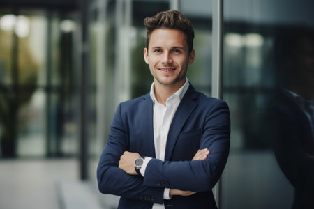 Portrait of a young businessman standing with his arms crossed in an officeの素材