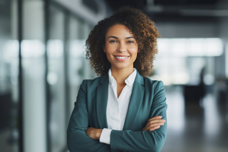 Portrait of smiling businesswoman standing with arms crossed in modern officeの素材