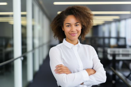 Portrait of young african american businesswoman standing in officeの素材