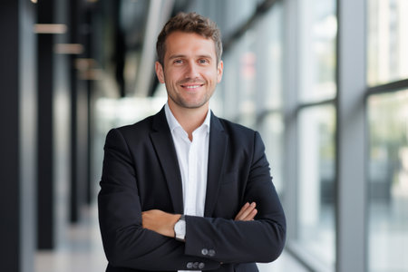 Portrait of a smiling businessman standing with arms crossed in an officeの素材