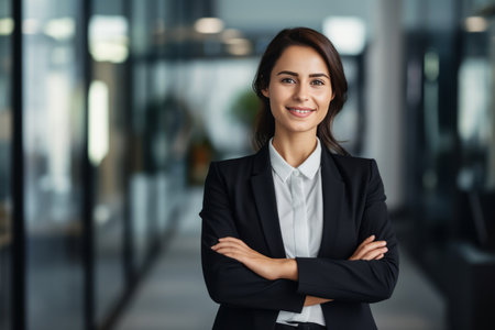 Portrait of smiling businesswoman standing with arms crossed in modern officeの素材