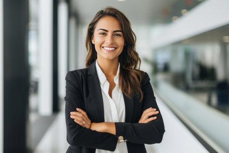 Portrait of happy businesswoman standing with arms crossed in modern officeの素材