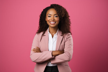 happy african american businesswoman with crossed arms isolated on pinkの素材
