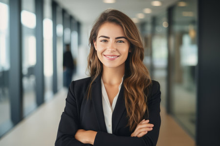 Portrait of smiling businesswoman standing with arms crossed in modern officeの素材