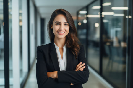 Portrait of a smiling businesswoman standing with arms crossed in officeの素材