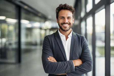 Portrait of smiling businessman with arms crossed standing in office. Business conceptの素材