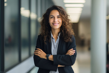 Portrait of smiling businesswoman standing with arms crossed in office lobbyの素材