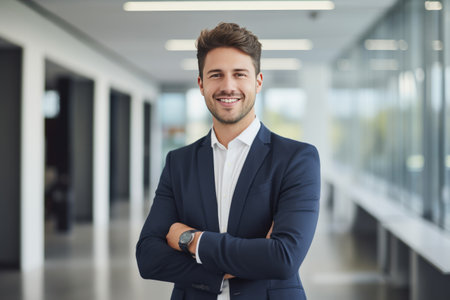 Portrait of a smiling young businessman standing with arms crossed in officeの素材