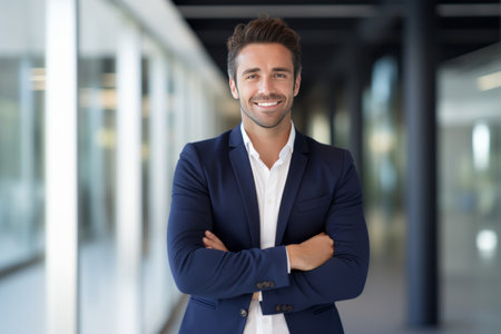 Portrait of smiling businessman with arms crossed standing in corridor at officeの素材