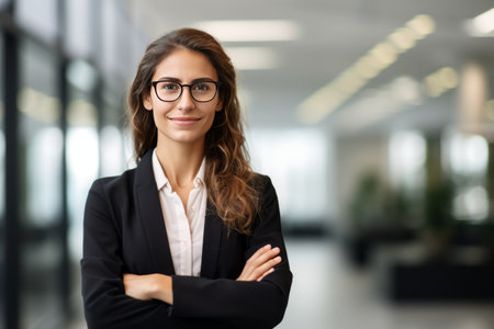 Portrait of smiling businesswoman with arms crossed looking at camera in officeの素材