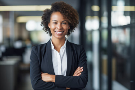 Portrait of smiling african american businesswoman with arms crossed in officeの素材