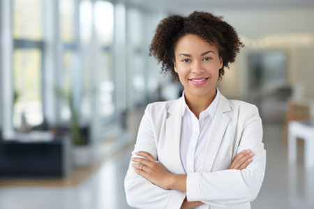 Portrait of smiling afro american businesswoman with arms crossed in officeの素材