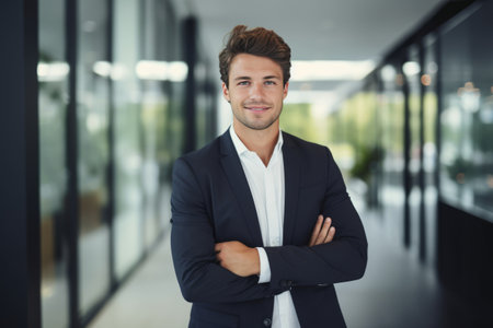 Portrait of confident businessman standing with arms crossed in corridor at officeの素材