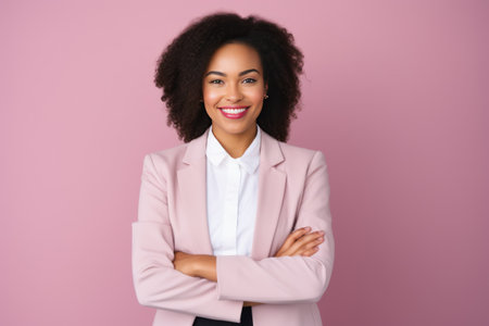 smiling african american businesswoman with crossed arms isolated on pinkの素材