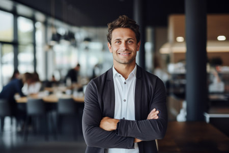Portrait of confident businessman standing with arms crossed in cafe. Handsome young man looking at camera and smiling.の素材