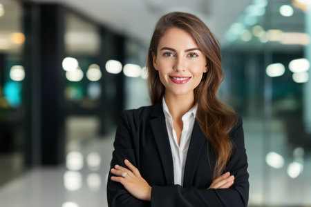 Portrait of happy smiling young businesswoman with crossed arms in officeの素材