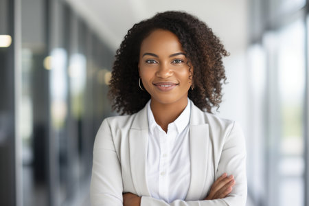 Portrait of young african american businesswoman standing in officeの素材