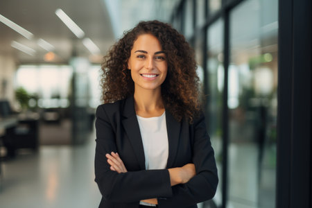 Portrait of smiling businesswoman standing with arms crossed in modern officeの素材