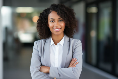 Portrait of smiling african american businesswoman with arms crossedの素材
