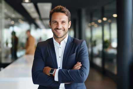 Portrait of smiling businessman with arms crossed standing in office lobby.の素材