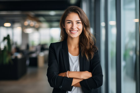Portrait of a smiling businesswoman standing with arms crossed in officeの素材