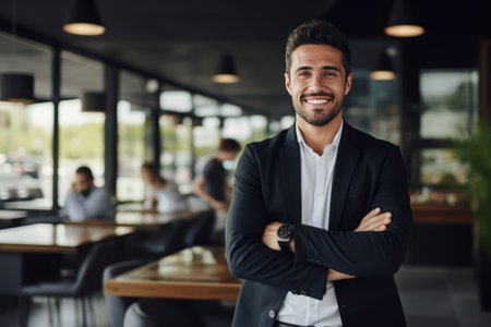 Portrait of a smiling young businessman standing with arms crossed in a cafeの素材