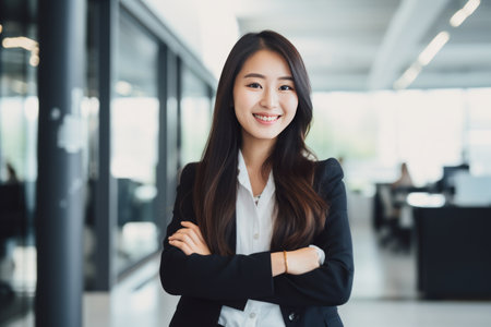 Portrait of smiling businesswoman standing with arms crossed in modern officeの素材