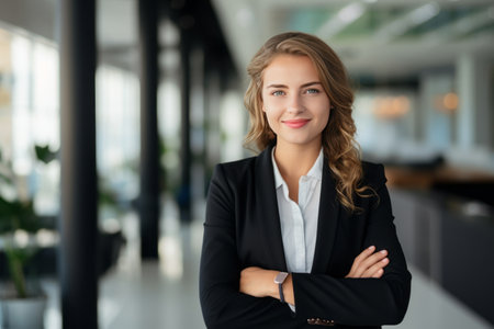 Portrait of young businesswoman with arms crossed standing in modern officeの素材
