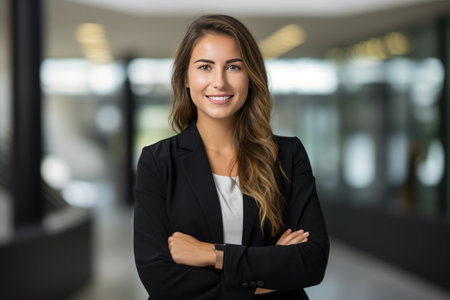 Portrait of a smiling businesswoman standing with arms crossed in officeの素材