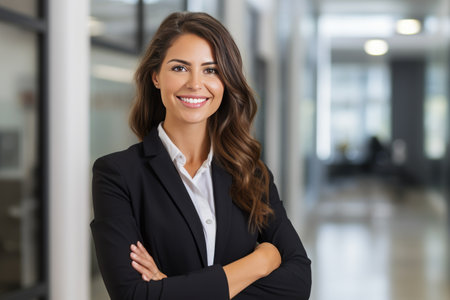 Portrait of a smiling businesswoman standing with arms crossed in officeの素材