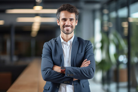 Portrait of a smiling businessman with arms crossed standing in the officeの素材