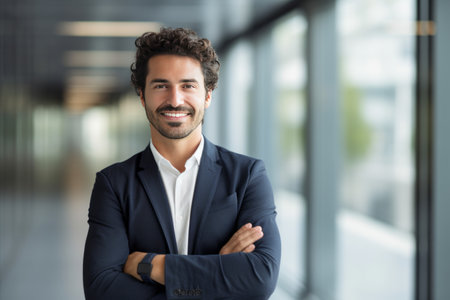 Portrait of smiling businessman with arms crossed standing in office lobby.の素材