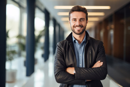 Portrait of a handsome young businessman standing with arms crossed in officeの素材