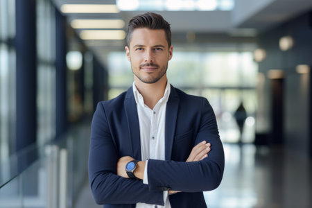 Portrait of handsome young businessman standing with arms crossed in modern officeの素材