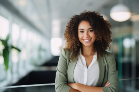 Portrait of smiling businesswoman standing with arms crossed in modern officeの素材