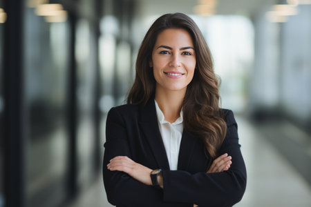 Portrait of smiling businesswoman standing with arms crossed in corridor at officeの素材
