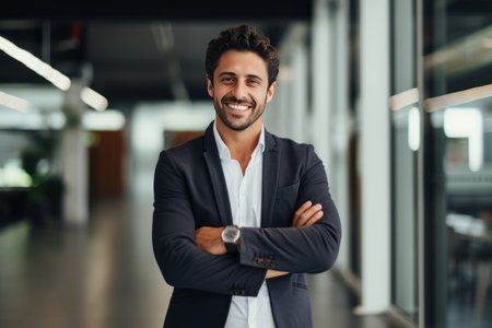 Portrait of a smiling businessman standing with arms crossed in the officeの素材